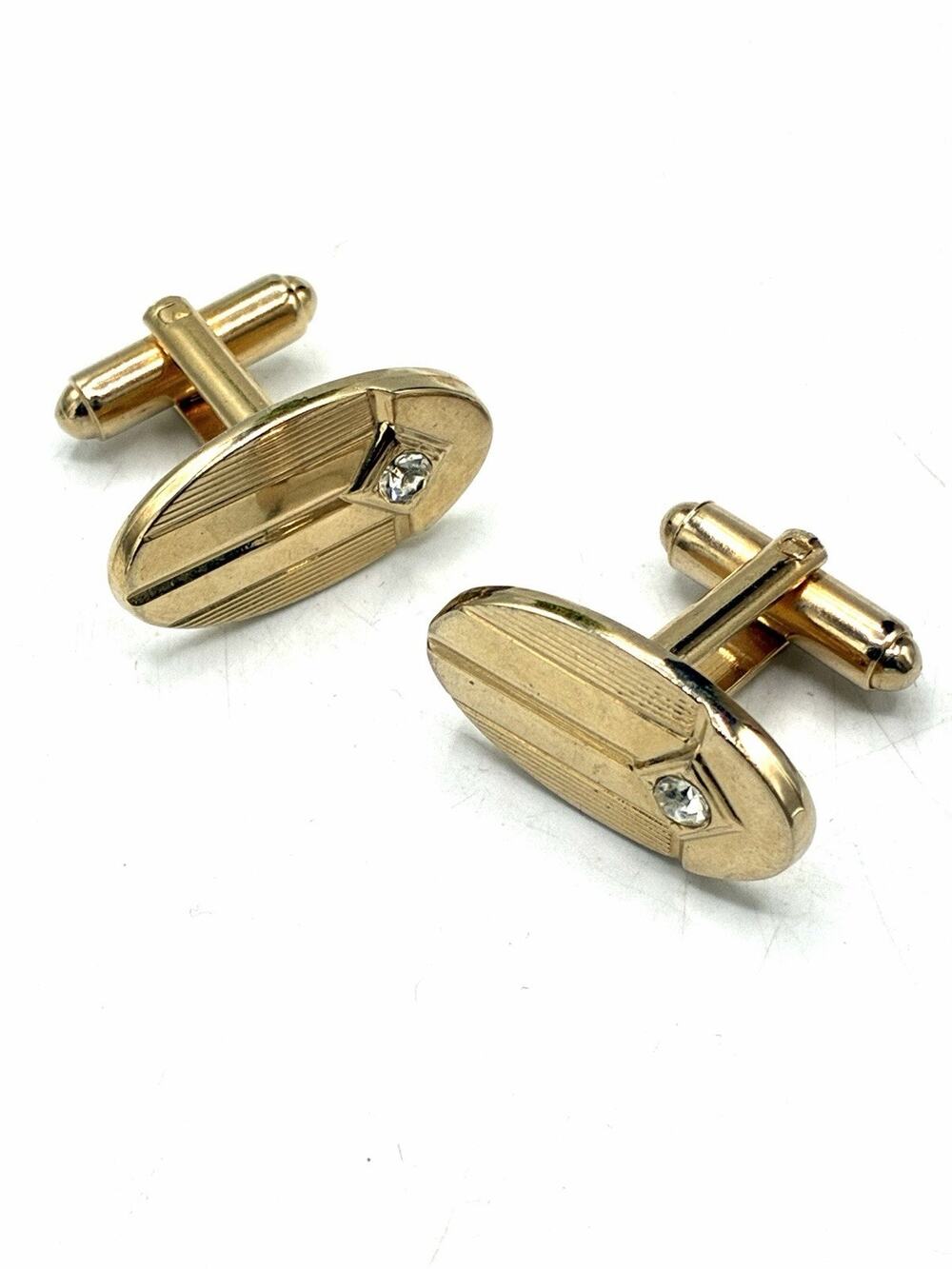 Vintage Shields Signed Gold Tone Rhinestone Oval Cufflinks Mid-Century